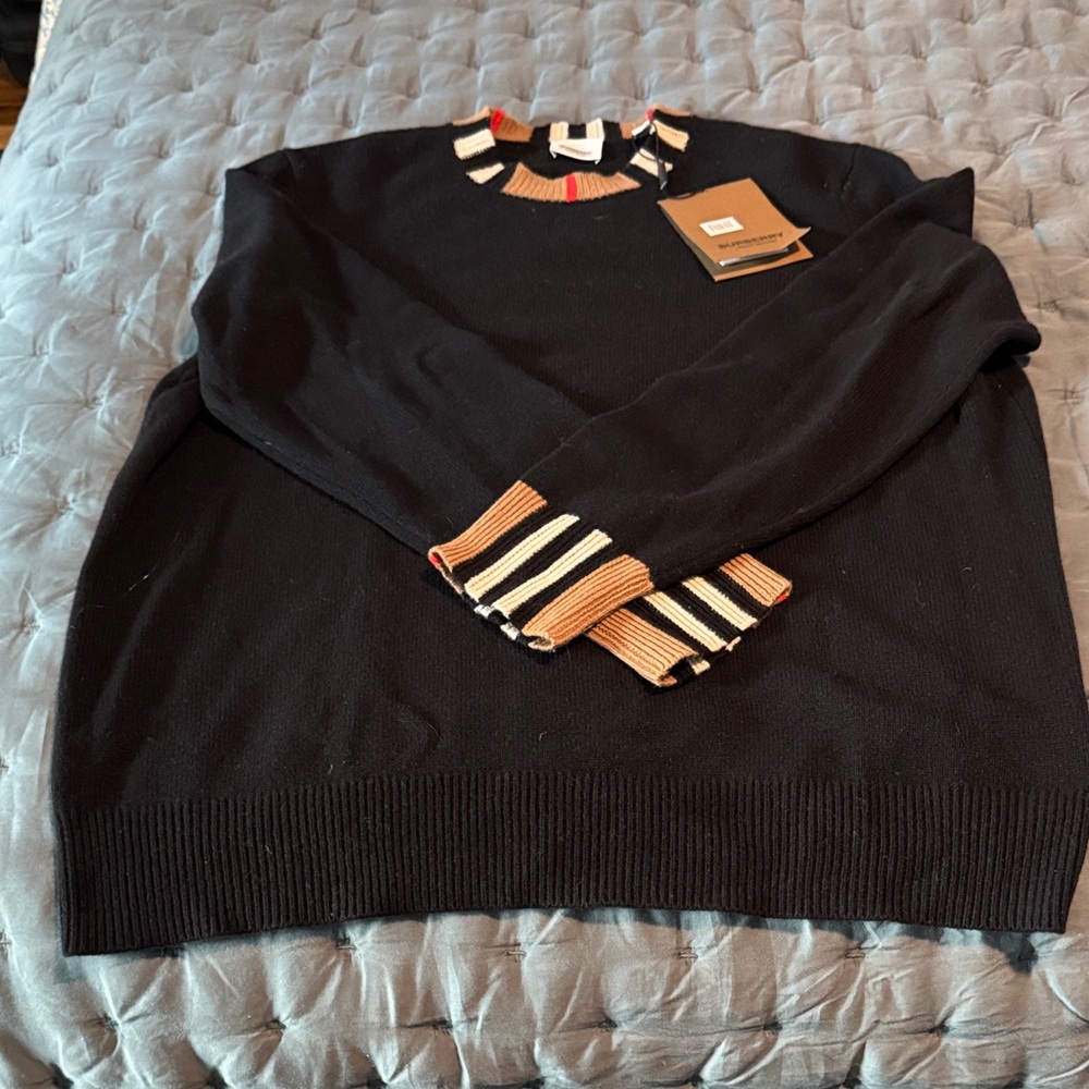 Burberry Cashmere Black Sweater with Tan and Red Accents NWT